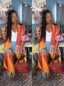 The “Rich Auntie Vibe’s “ Fringe Cardigan in Multi (Fits up to sizes S-XL🍃🍂💛