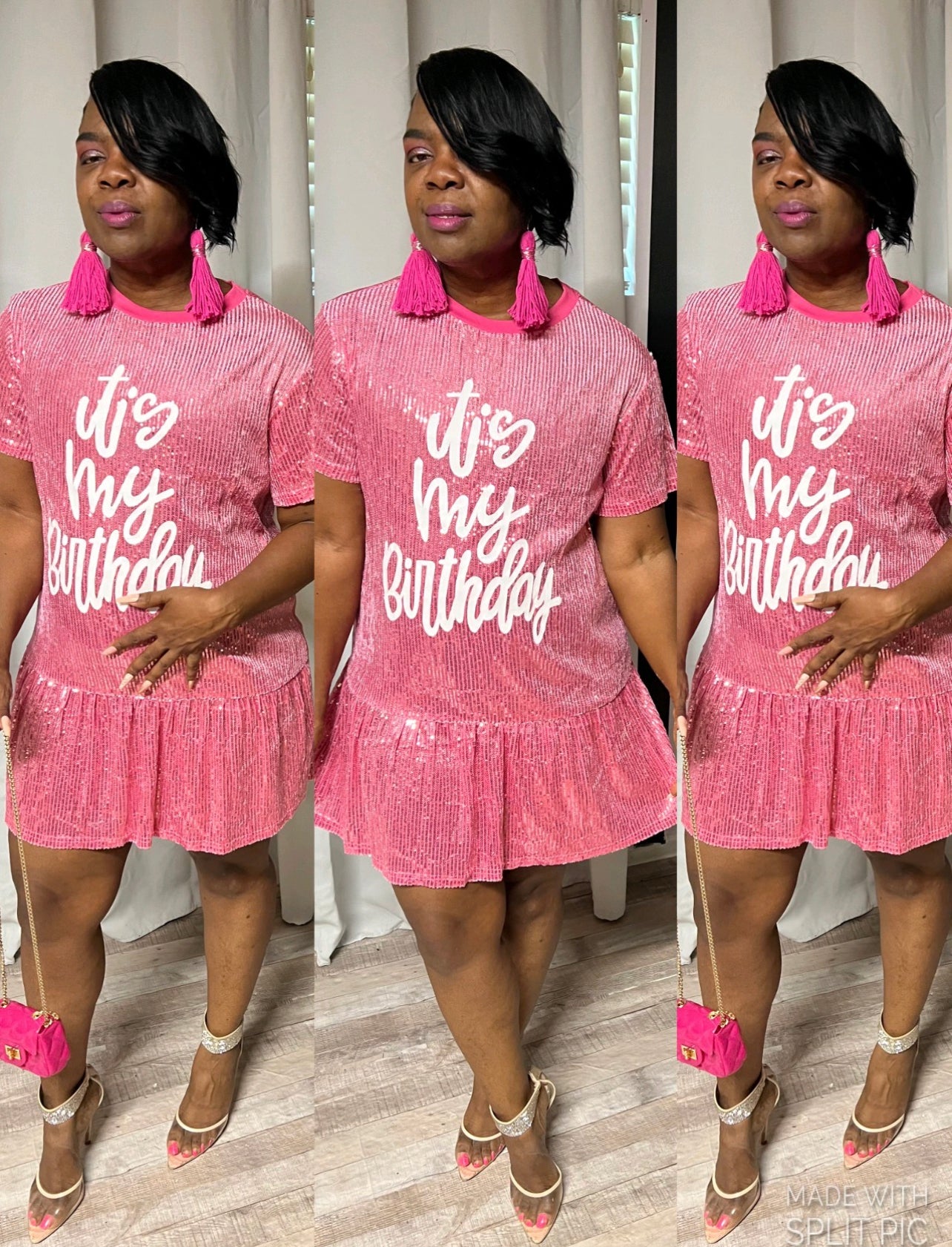 “ It’s My Birthday” Sequence Baby Doll Dress in Hot Pink 💕