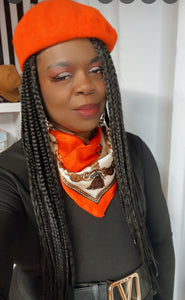 “Rich Auntie “ Beret Hat and Silk Scarf Set in Orange 🧡
