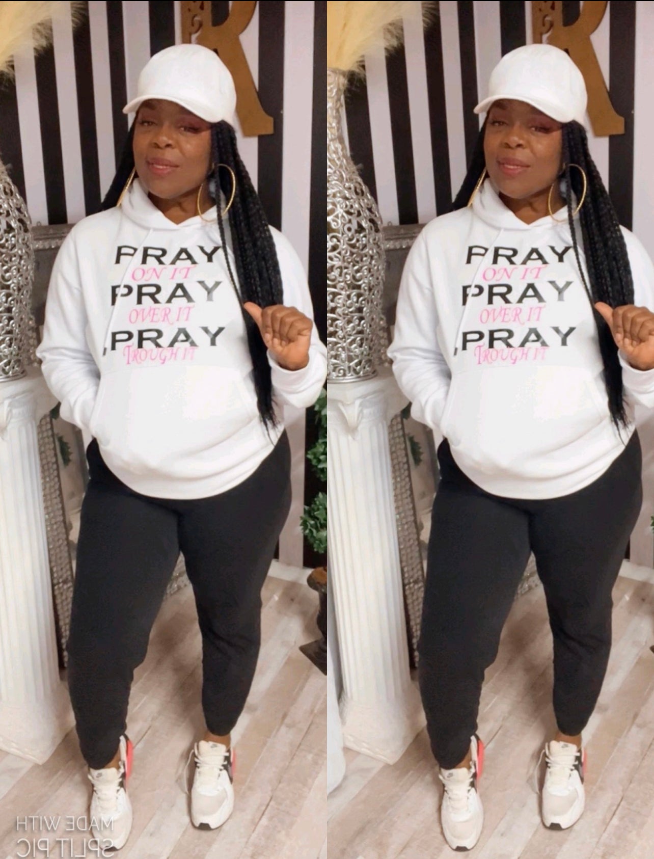 “Pray On it, Pray Over it, Pray Through it” Pullover Hoodie in White and Pink 💕