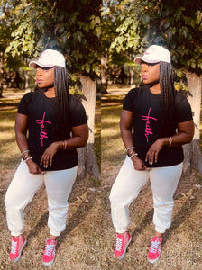 “Walking by Faith” Crew Neck Graphic Tee Shirt in Black/Pink 💕