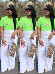 “ PRAY” Cheetah Print Graphic Tee Shirt in Lime Green