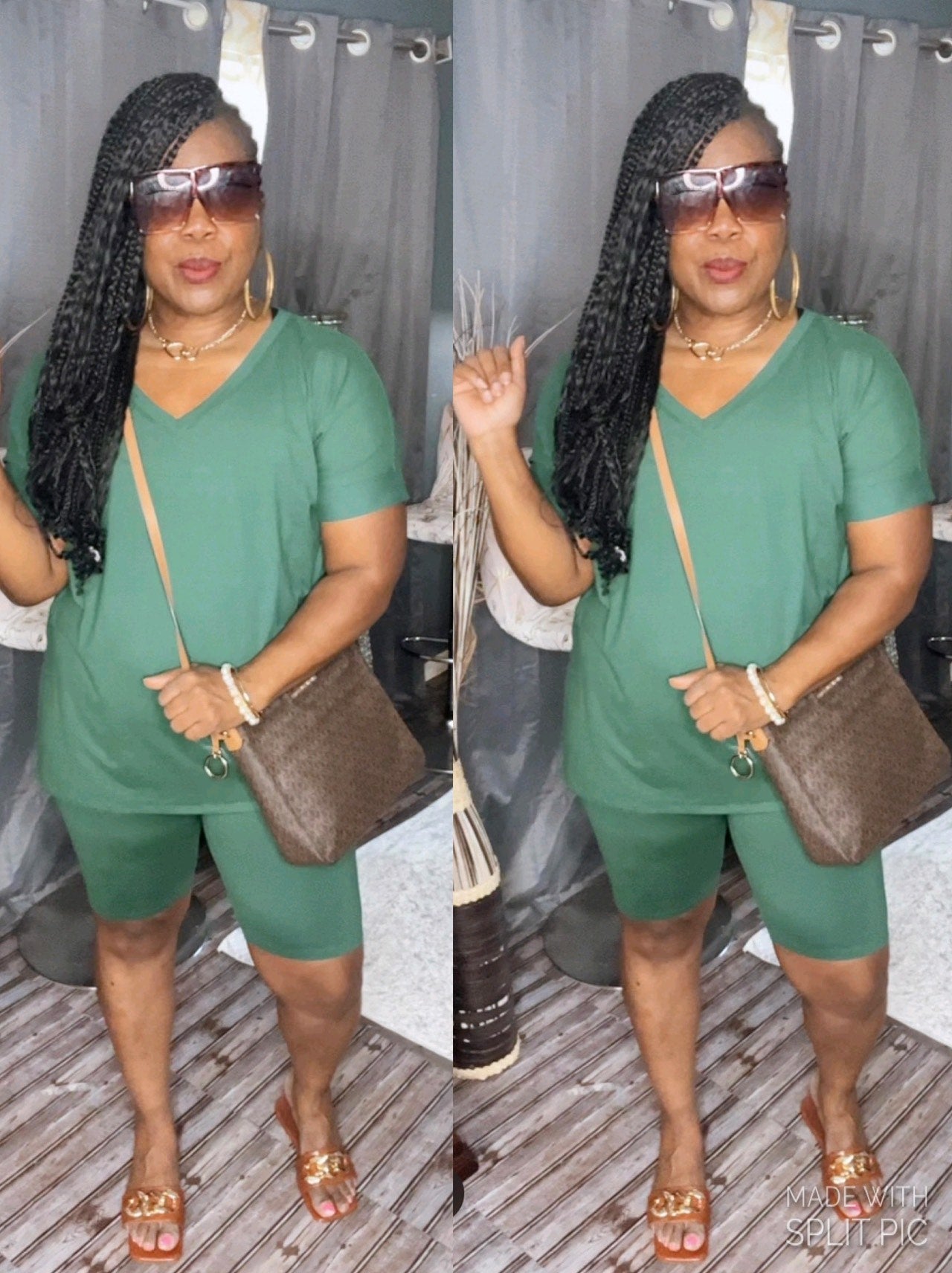 “On the Go” Two Piece V Neck Biker Short Set in Hunter Green (S-XL) 💚