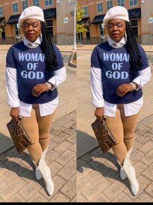 “Woman Of God” Crew Neck Graphic Tee Shirt in Navy Blue