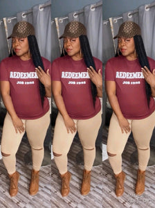 “REDEEMER” Crew Neck Graphic Tee Shirt in Burgundy