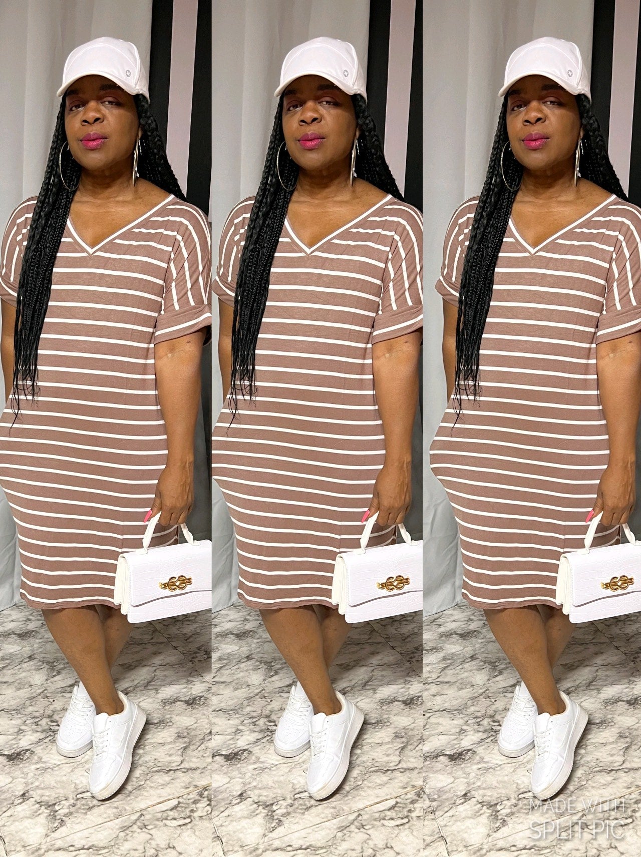 “Cute and Comfy” Striped V Neck Dress in Mocha 🤎(Plus)