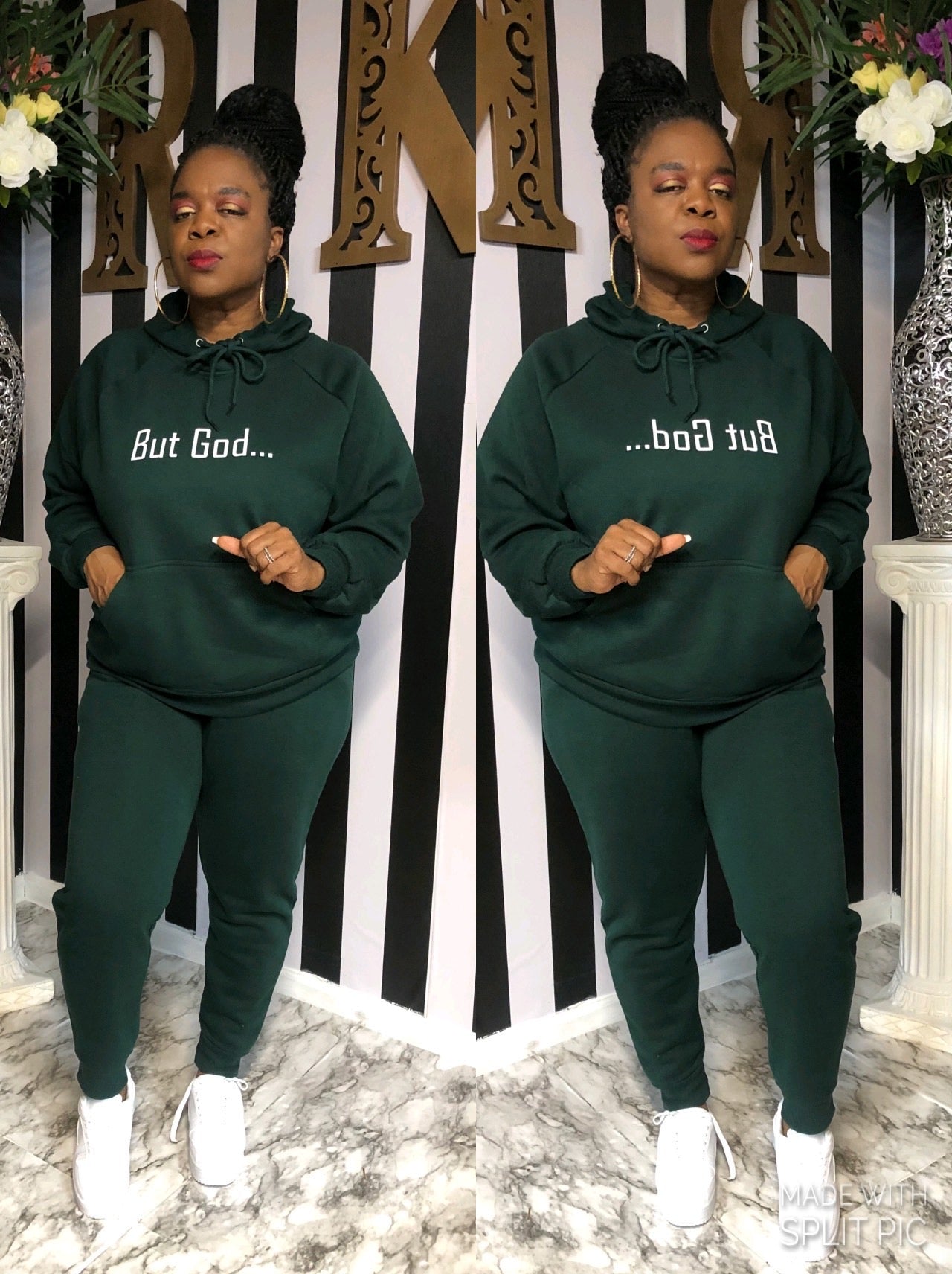 “But God” Two Piece Jogging Suit Set in Hunter Green (Plus)